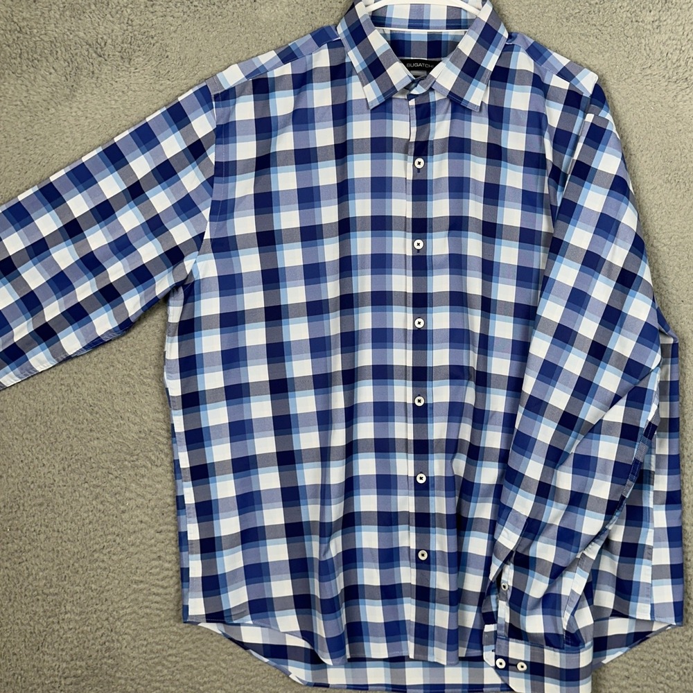 Bugatchi Shirt Mens XL Shaped Fit Blue Plaid Button Up Stretch Performance EUC